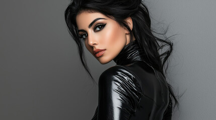 Naklejka premium Portrait of Beautiful Woman in Black Leather Outfit