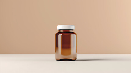 Amber glass bottle with a white lid on a white surface against a tan background.