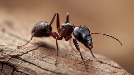 A detailed macro shot of an ant crawling on a natural wooden surface, highlighting its small features and antennae
