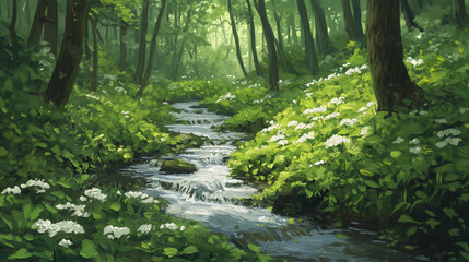 Obraz premium Gentle Stream Flowing Through Peaceful Green Forest