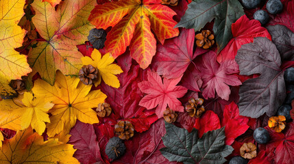Fototapeta premium Autumn background with colorful leaves and cones. Top view. Flat lay. Fall seasonal foliage pattern. Nature texture. Orange red maple decoration. Thanksgiving arrangement. Copy space.