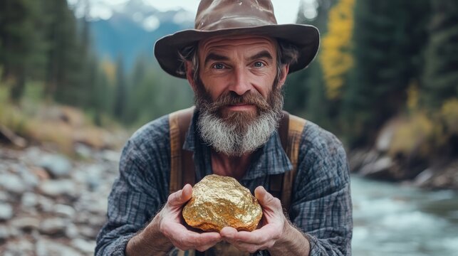 Gold prospector by the river, holding a large gold nugget in his hands and looking directly into the camera, 16:9