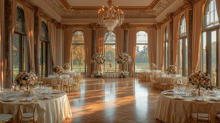 Grand ballroom with intricate chandeliers and marble flooring offering an opulent setting for exclusive events