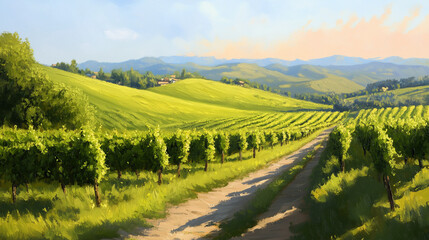 Obraz premium Tranquil Vineyard Landscape in Oil Painting Style