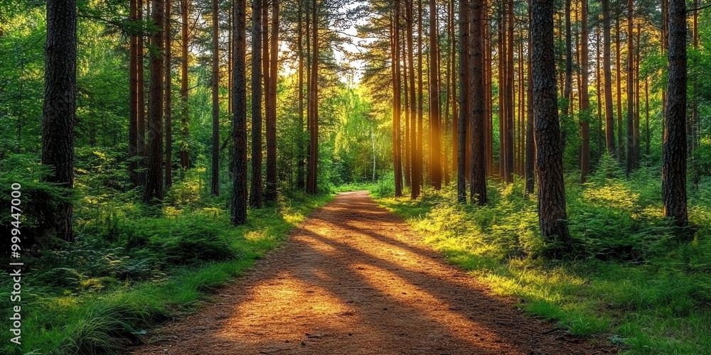 Poster a dirt path winds through a dense forest, sunlight shining through the trees and creating a warm glo