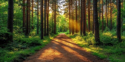 A dirt path winds through a dense forest, sunlight shining through the trees and creating a warm glow on the path.