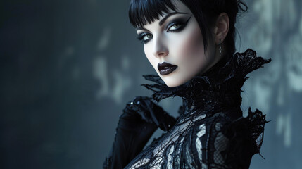 Mysterious Woman in Black Lace Dress