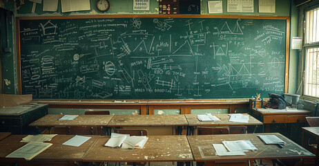 A classroom green, chalkboard with mathematical formulas and graphs written on it.