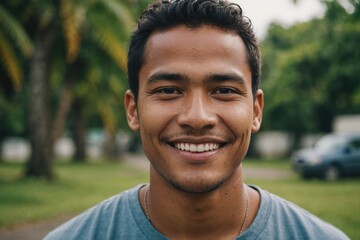 Close portrait of a smiling young Micronesian man looking at the camera, Micronesian outdoors blurred background