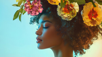 Beauty portrait young african american woman with flowers in hair. Smiling face, floral headshot, pretty model with afro, female with makeup, springtime fashion.