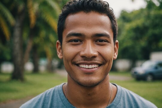 Close portrait of a smiling young Micronesian man looking at the camera, Micronesian outdoors blurred background
