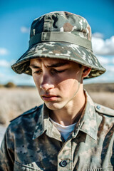 Obraz premium A young man with a camouflage hat, looking sad and distressed. He is wearing military fatigues