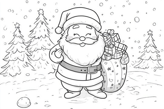 Coloring page of santa claus with gifts in snowy forest, perfect for holiday coloring fun - Powered by Adobe