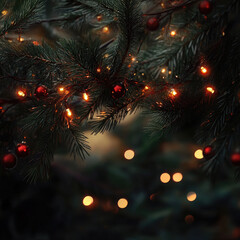 Christmas tree branch adorned with red baubles and warm lights, creating a magical bokeh effect in the background. The festive atmosphere evokes the spirit of the holiday season