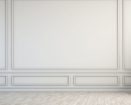 Minimalist interior design of an empty room with white wall panels and parquet flooring, creating a blank canvas for potential furniture and decor