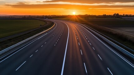 Naklejka premium A serene highway scene at sunset, with sun rays illuminating the road, creating a peaceful atmosphere over the landscape.