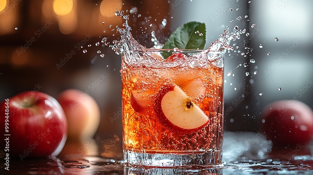 Poster a refreshing glass of apple cider with ice and apple slices, creating a splash.
