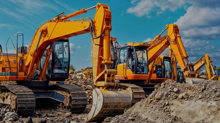 Excavator working construction site. Backhoe industrial development, digging soil. Heavy machinery excavation. Yellow digger loading dirt. Earthmover bucket ground. Engineering equipment power vehicle