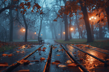 A park with a wooden boardwalk and trees.,
