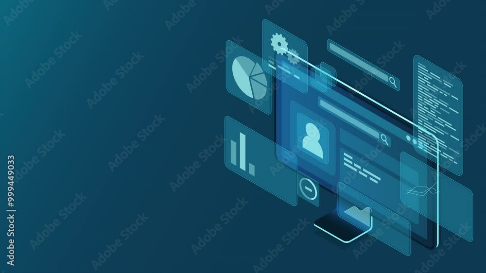 Poster computer monitor animation with blue virtual holographic projections with graphs and charts for data