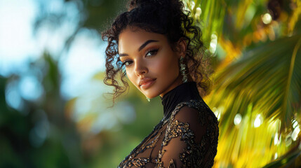 Portrait of a Beautiful Woman with Curly Hair and Earrings