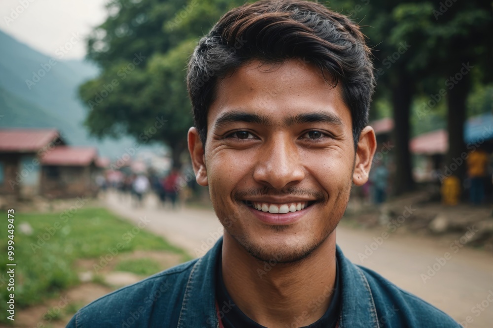 Wall mural Close portrait of a smiling young Nepalese man looking at the camera, Nepalese outdoors blurred background