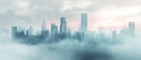Fototapeta premium A misty city skyline emerges through fog, showcasing skyscrapers against a pastel sky, evoking a sense of mystery and tranquility.