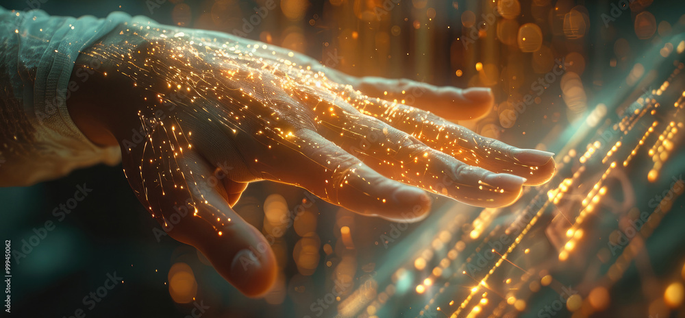 Aufkleber a hand slowly reaches through a digital screen, fingers brushing the surface as the screen glows bri