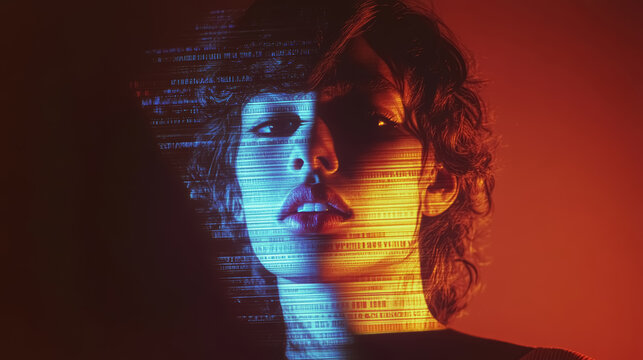 Video projection of analog distorted teletext image projected onto a hallucinating vintage character of a cute teenager boy. The projection is overlaid onto his appearance, blurring and contorting it.