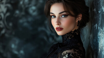 Portrait of Beautiful Woman in Black Lace Dress