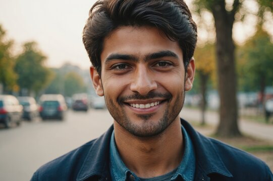Close portrait of a smiling young Pakistani man looking at the camera, Pakistani outdoors blurred background