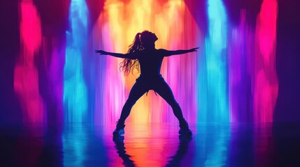 A vibrant silhouette of a dancer against a colorful backdrop of illuminated lights, capturing movement and energy.