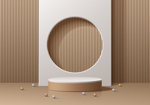 Realistic 3D gray cylindrical  podium background with wooden slats partitions backdrop scene. Minimalist mockup pedestal, Abstract product display presentation, Stage showcase. Platforms vector design