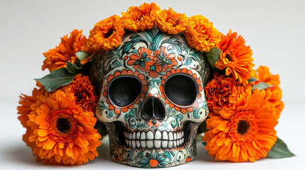 Decorative sugar skull adorned with intricate floral patterns and vibrant colors, evoking the essence of Día de los Muertos. Perfect for holiday celebrations, cultural events,...