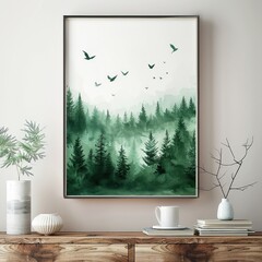 Minimalist watercolor painting of a green forest with flying birds, a simple design on a white background, in a square frame on a wall above a wooden table.