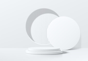 Realistic white 3D cylindrical podium background with serrated pattern in circle window scene. Minimalist mockup pedestal abstract product display presentation, Stage showcase. Platforms vector design