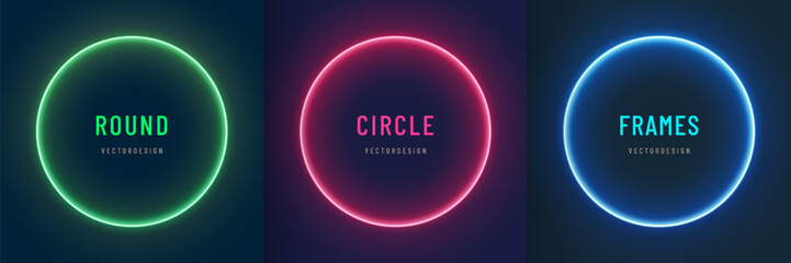Blue, red-purple, green illuminate frame collection design. Abstract cosmic vibrant color circle border. Top view futuristic style. Set of glowing neon lighting isolated on background with copy space.