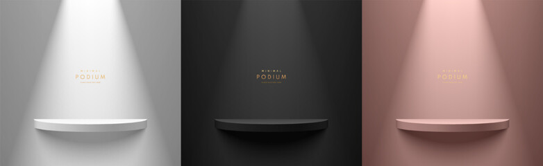 Set of silver, black and pink gold 3D realistic cylindrical shelf podium background with glowing spotlight wall scene. Minimalist mockup pedestal, abstract product display presentation, Stage showcase - obrazy, fototapety, plakaty