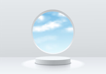 Realistic 3D white cylindrical podium background with blue sky in round circle window scene. Minimalist mockup pedestal, Abstract product display presentation, Stage showcase. Platforms vector design.