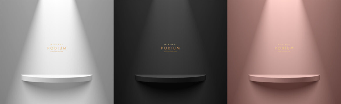 Set of silver, black and pink gold 3D realistic cylindrical shelf podium background with glowing spotlight wall scene. Minimalist mockup pedestal, abstract product display presentation, Stage showcase