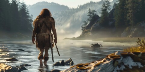 Neanderthal Man Walking Through a Misty River