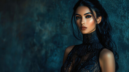 Fototapeta premium Portrait of a Beautiful Woman in a Black Lace Dress