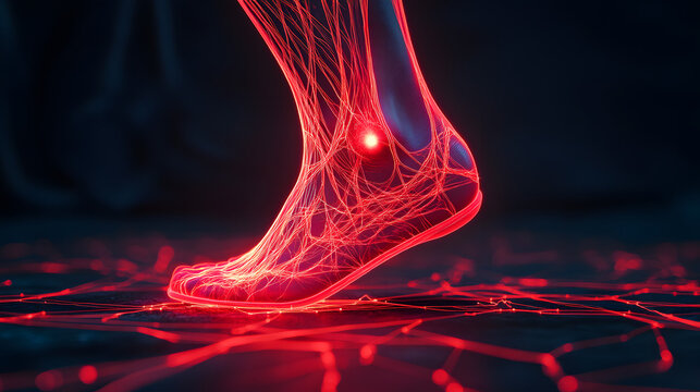 Glowing red nerve lines spreading from feet on dark gradient background symbolizing diabetic neuropathy pain and discomfort nerve damage illustration