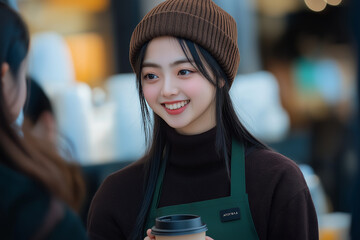 Customers and baristas laughing while having a pleasant conversation in a cafe. They are having a happy day while drinking fragrant coffee.