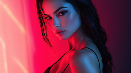 Glamour Portrait of a Woman in Red and Blue Light