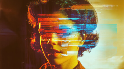 Video projection of analog distorted teletext image projected onto a hallucinating vintage character of a woman. The projection is overlaid onto her appearance, blurring and contorting it.