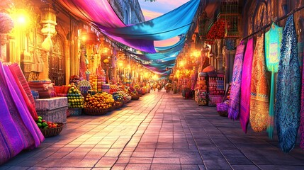 Obraz premium This vibrant marketplace in 4K resolution is alive with stalls selling colorful fabrics, fruits and spices