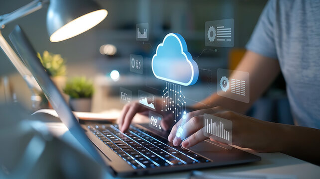 person typing on a laptop, with a digital cloud hovering above the keyboard, cloud computing, cloud storage, cloud technology,  virtualization, SaaS, PaaS, IaaS, 