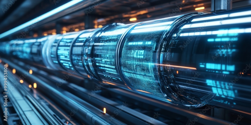 Poster a CI/CD pipeline, code being deployed automatically, with integration tests and builds running in real-time for streamlined deployments.