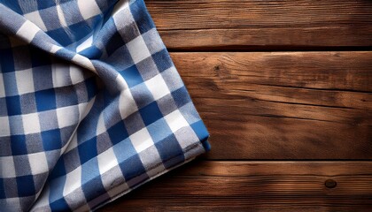 Obraz premium A textured image featuring a folded blue and white checkered tablecloth on a rustic wooden surface, perfect for food photography